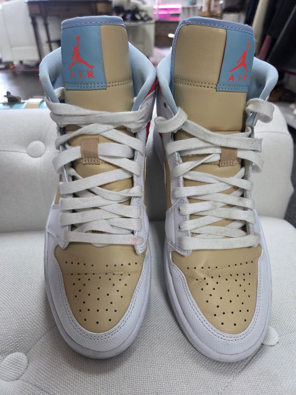 Nike Women's Athletic High-Top Sneakers in White, Tan, Neon Coral, Light Blue - Picture 2 of 6